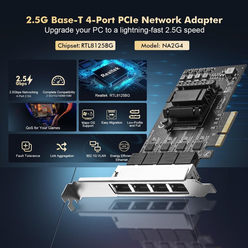 Binardat 4 Ports 2.5G PCIe Network Card, RTL8125B LAN Controller, 2500/1000/100Mbps RJ45 Ethernet NIC Adapter, Support PXE for Windows/Linux - Image 2